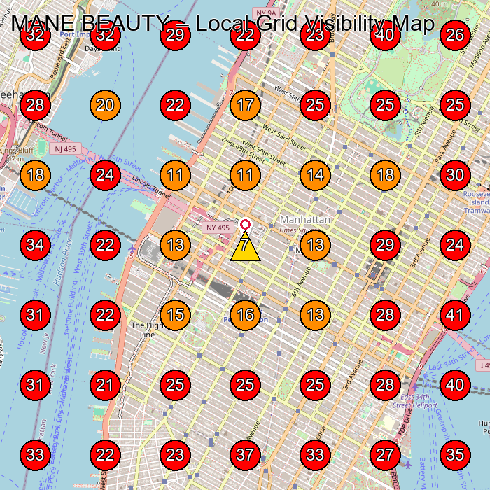 MANE BEAUTY GeoGrid visibility map for Wig Shop in New York